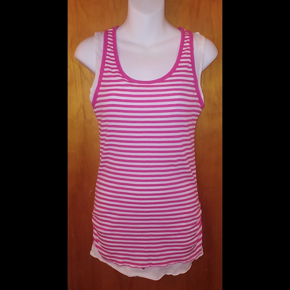 Pink and white stripped ribbed layered cami tank